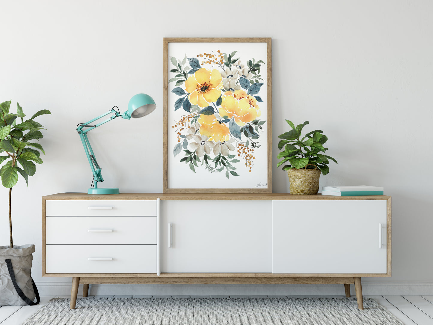 Yellow Peonies & Grey Florals Watercolor Fine Art Print