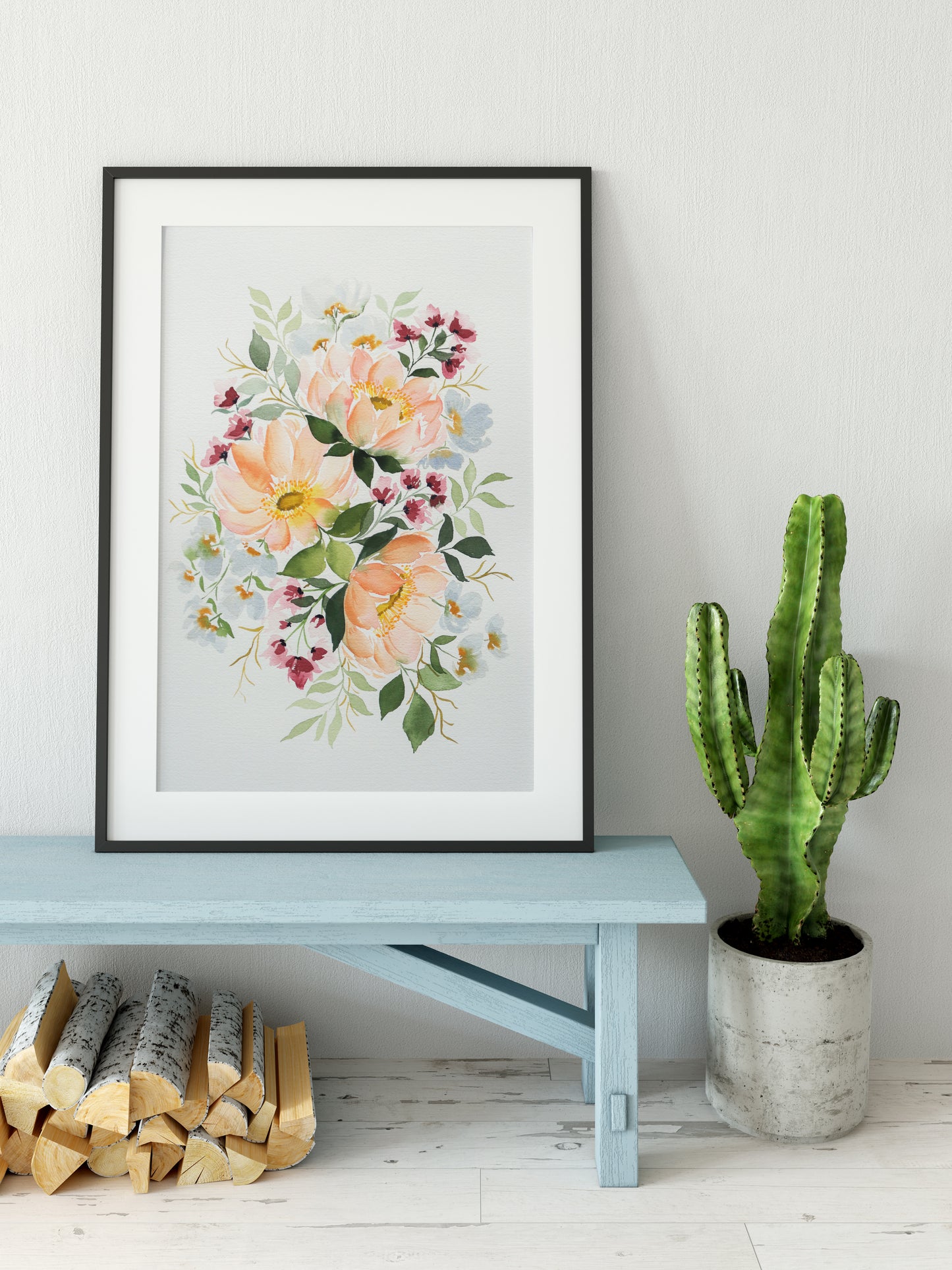 Peach Peonies Floral Arrangement Watercolor Fine Art Print