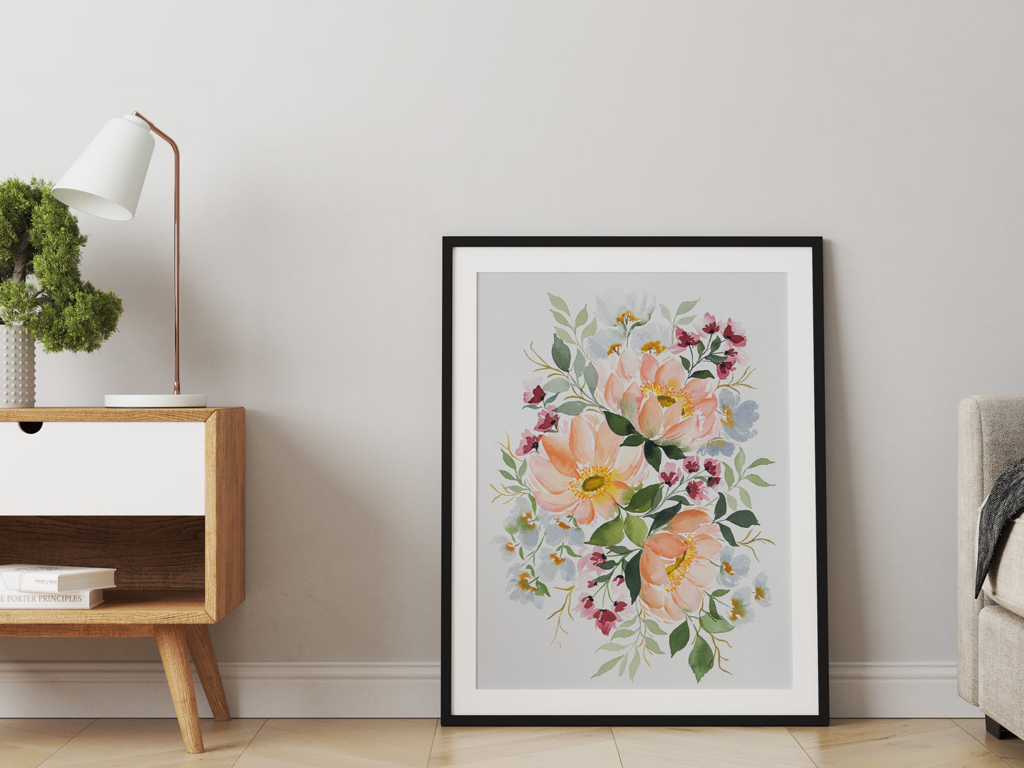 Peach Peonies Floral Arrangement Watercolor Fine Art Print