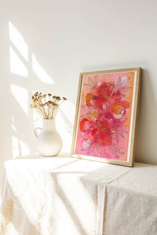 Mixed Media Watercolor & Ink Peonies Fine Art Print