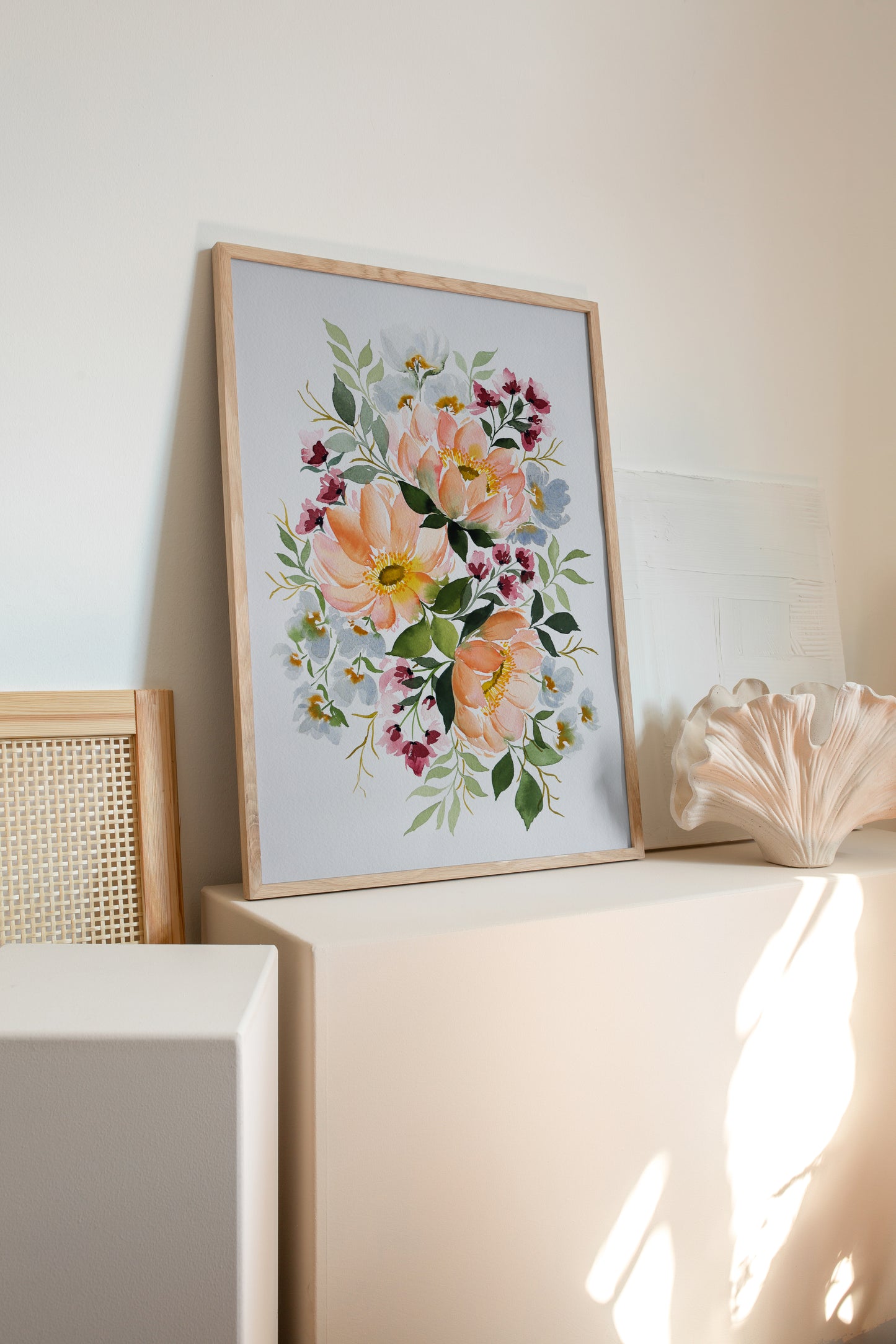 Peach Peonies Floral Arrangement Watercolor Fine Art Print