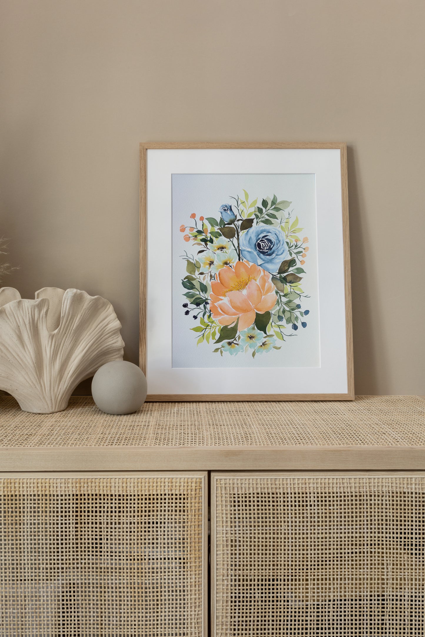 Peach Peony & Indigo Floral Arrangement Watercolor Fine Art Print