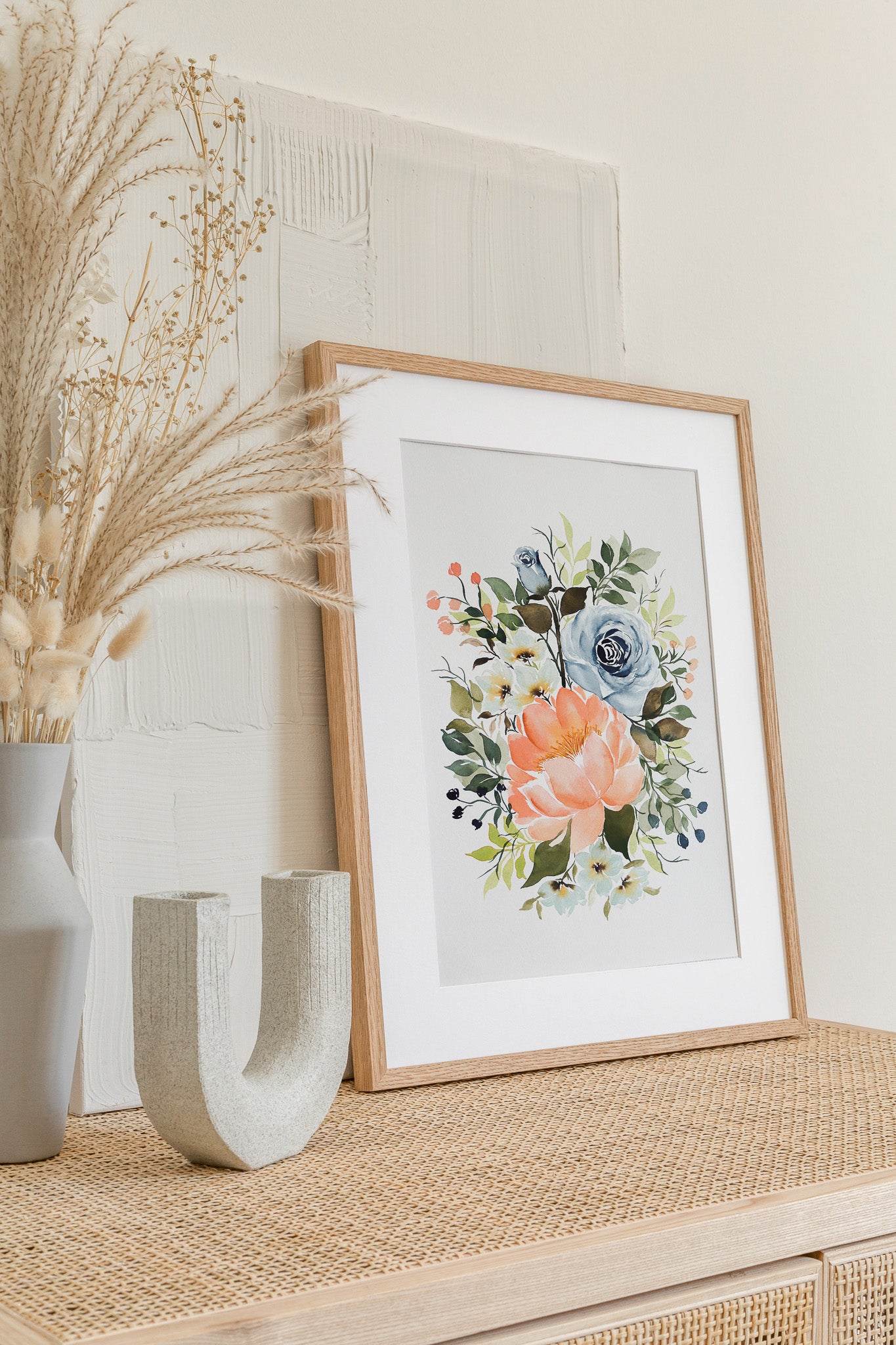 Peach Peony & Indigo Floral Arrangement Watercolor Fine Art Print