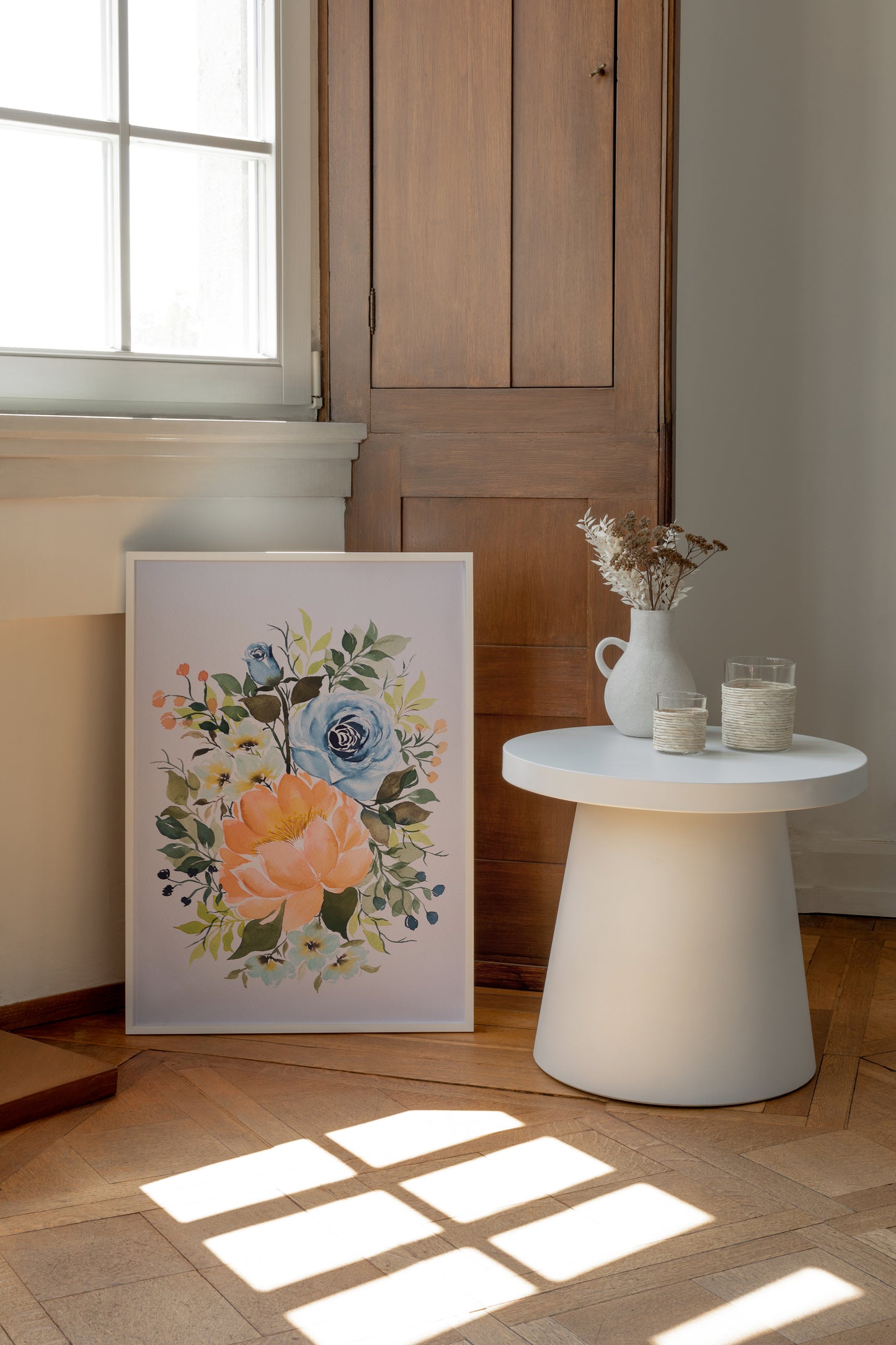 Peach Peony & Indigo Floral Arrangement Watercolor Fine Art Print