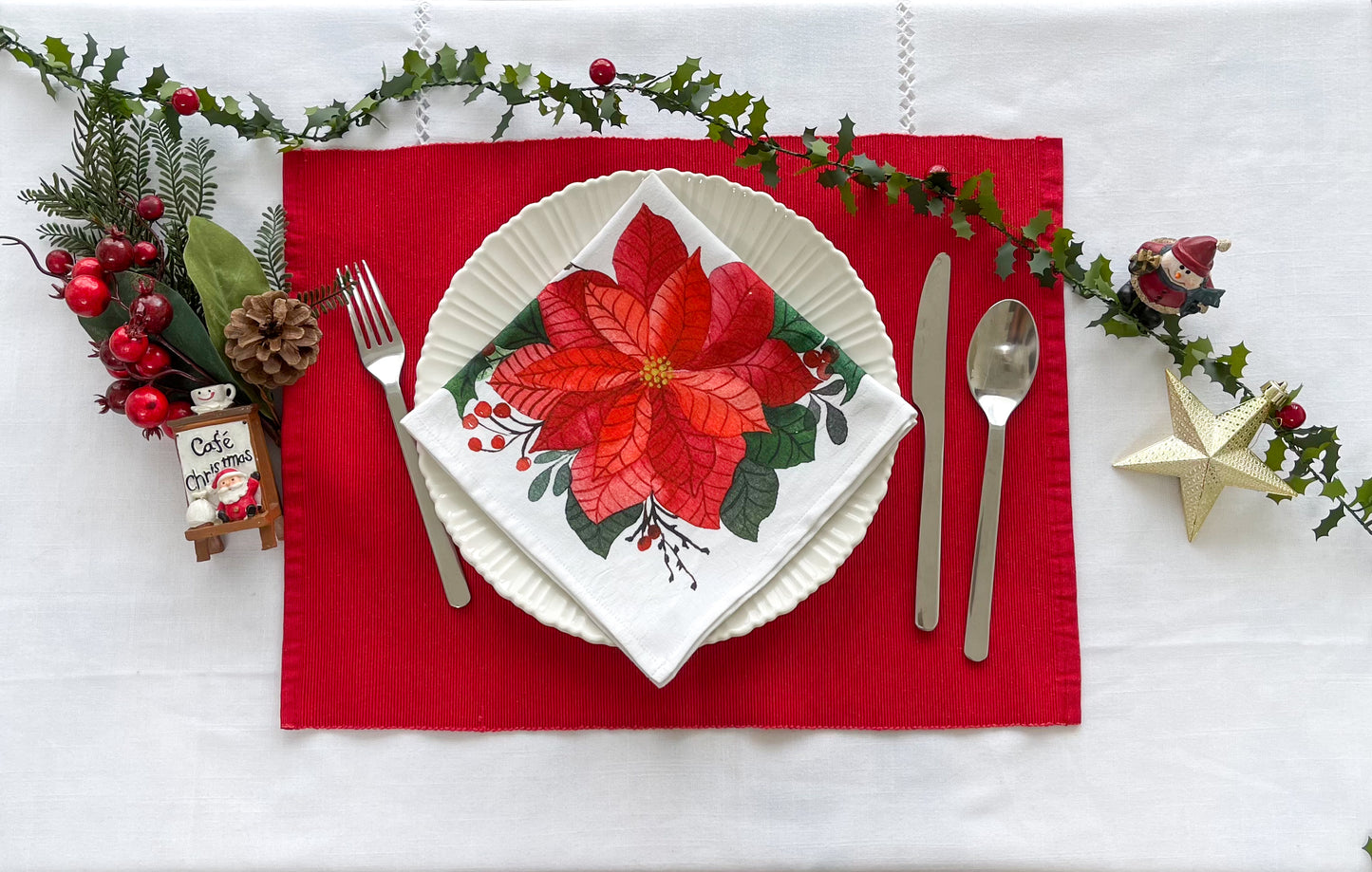 Festive Poinsettia Print Christmas Napkins