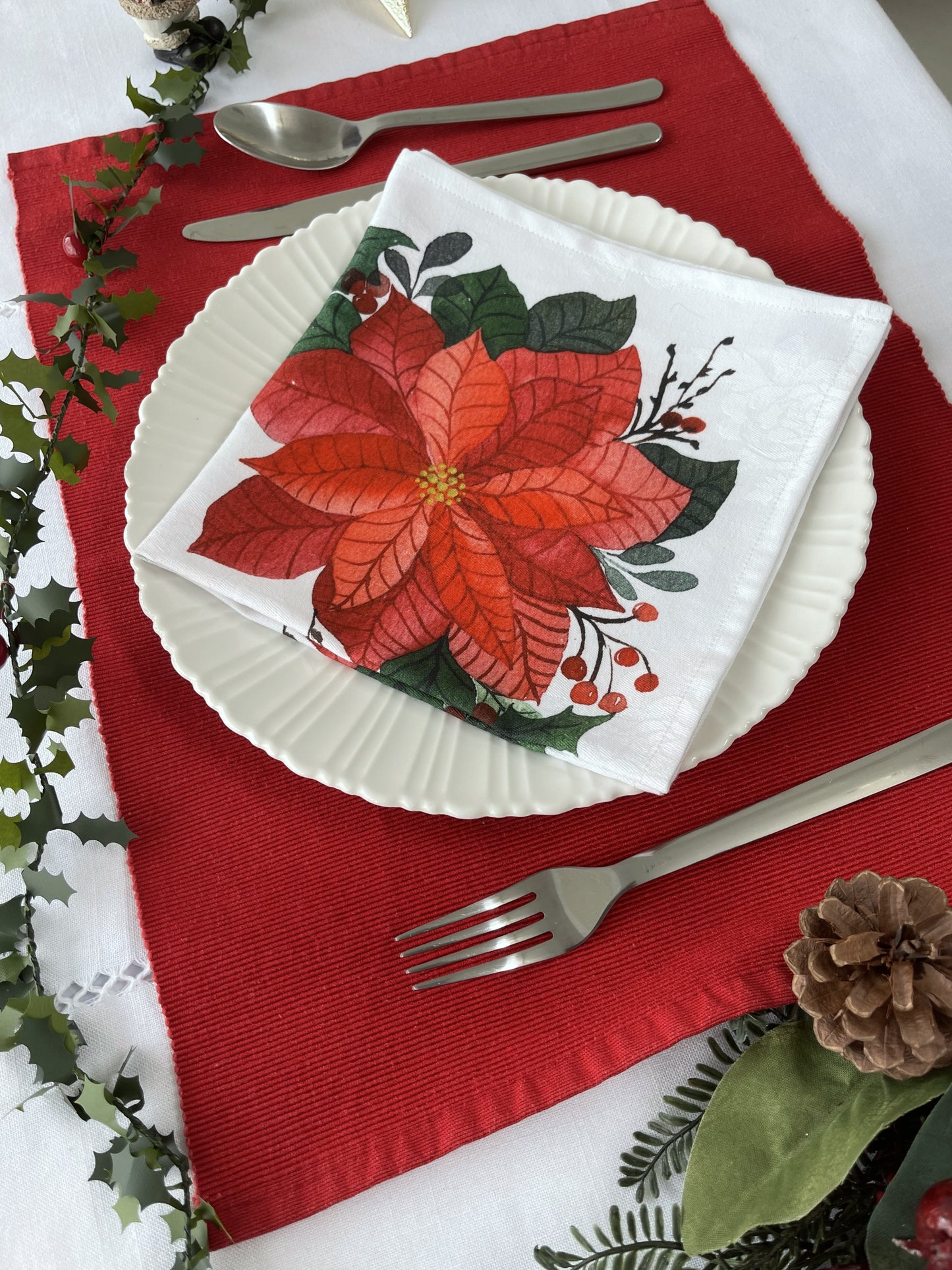 Festive Poinsettia Print Christmas Napkins