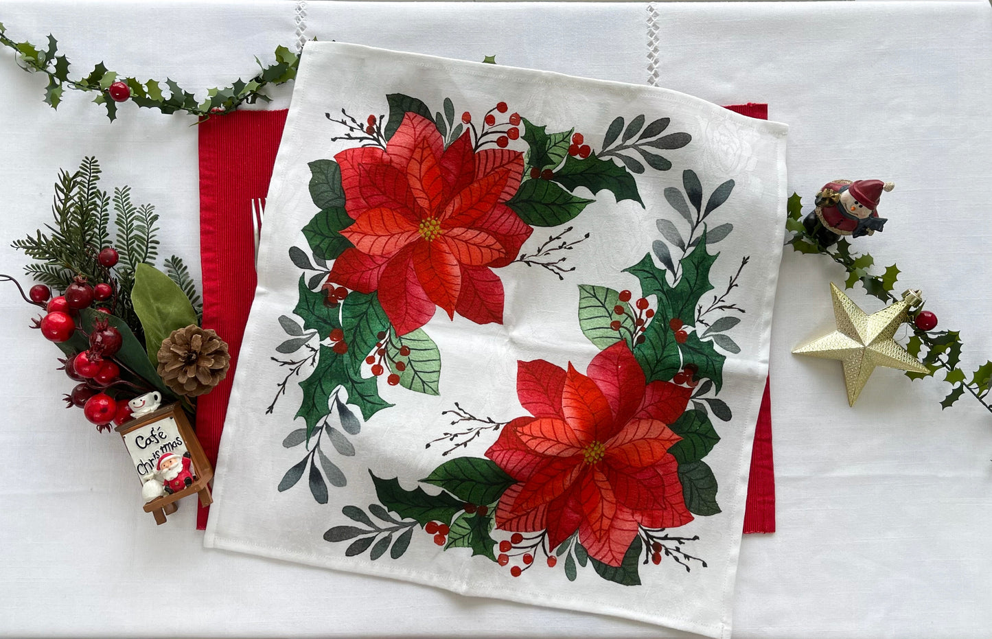 Festive Poinsettia Print Christmas Napkins