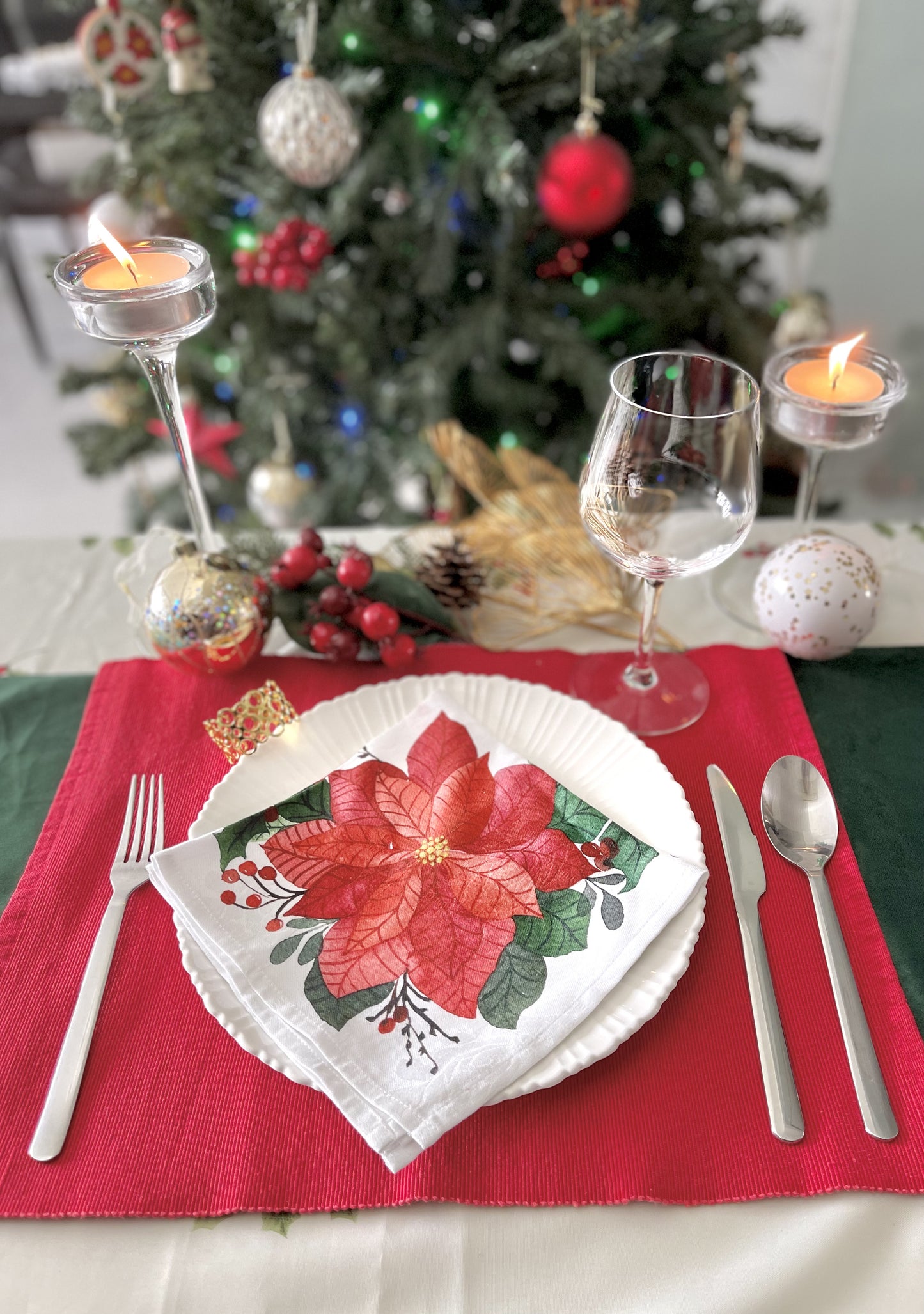 Festive Poinsettia Print Christmas Napkins