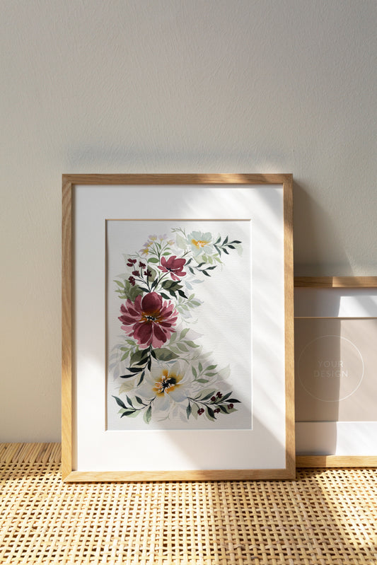 Floral Crescent with Maroon & White flowers Watercolor Fine Art Print