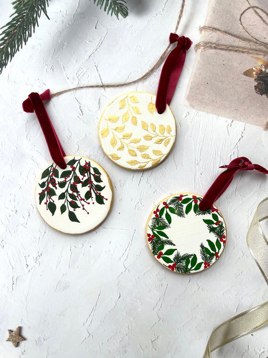 Ceramic Christmas Tree Ornaments - Hand Painted Gouache Festive Designs