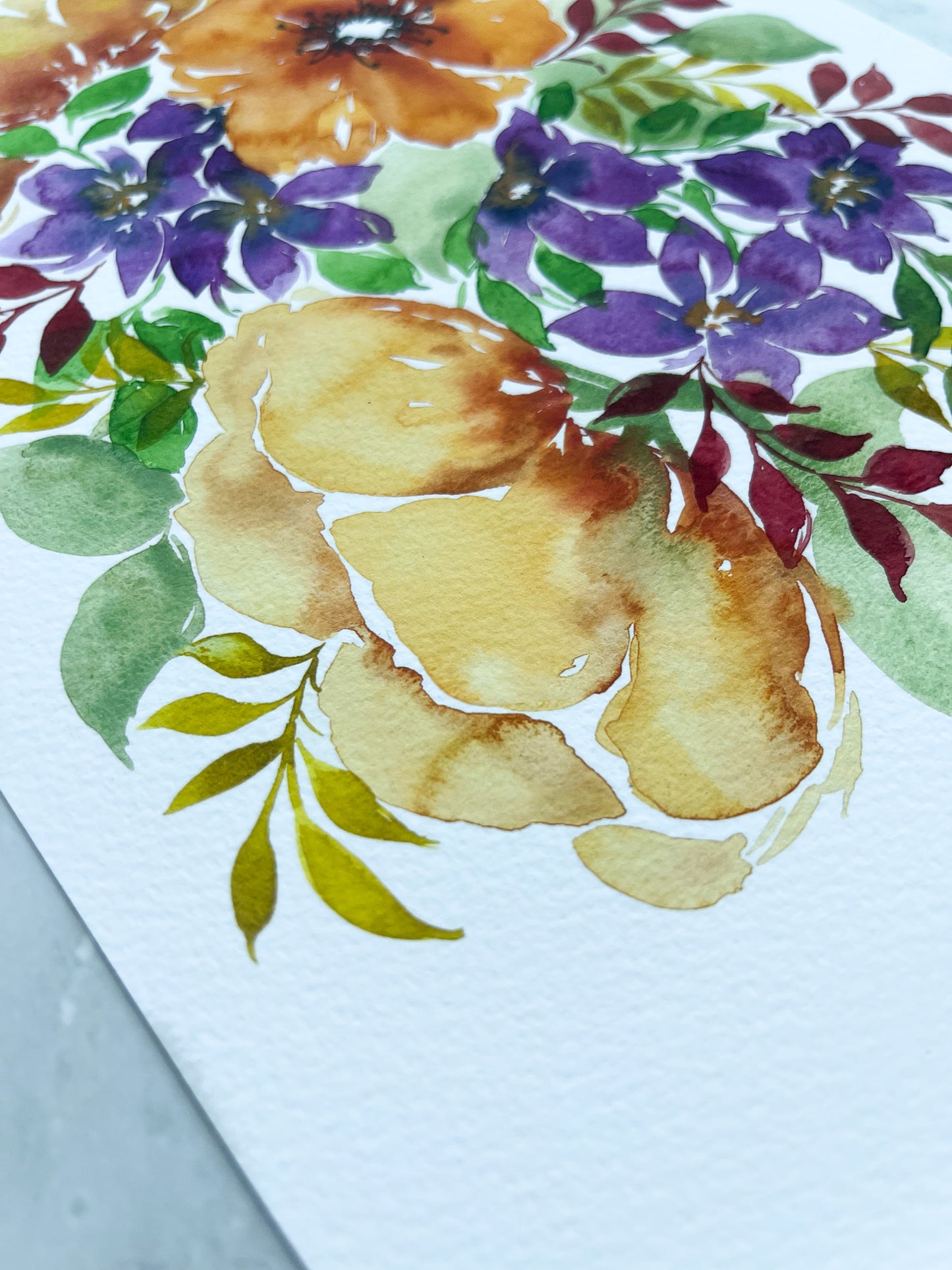 Ochre Yellow Peonies with Purple filler flowers Watercolor Fine Art Print