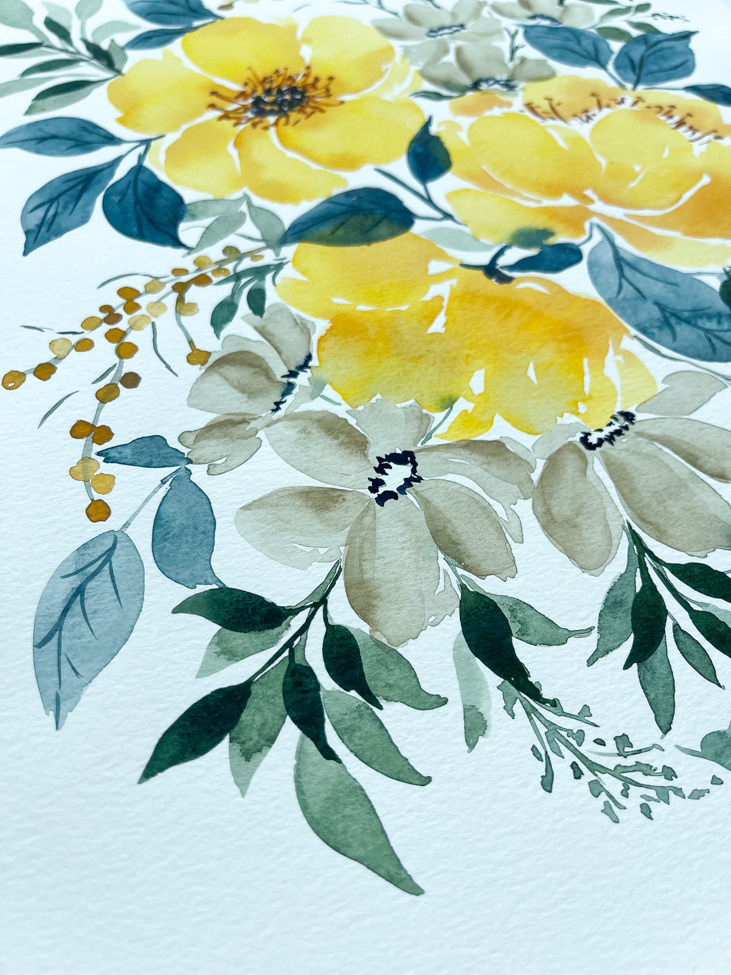 Yellow Peonies & Grey Florals Watercolor Fine Art Print