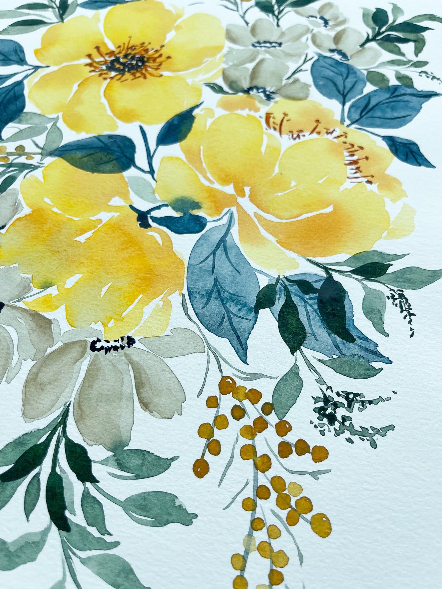 Yellow Peonies & Grey Florals Watercolor Fine Art Print