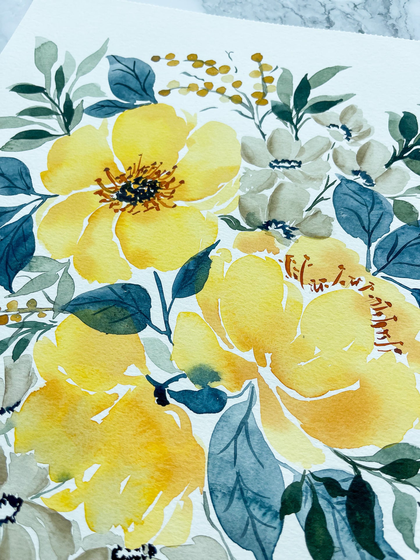 Yellow Peonies & Grey Florals Watercolor Fine Art Print