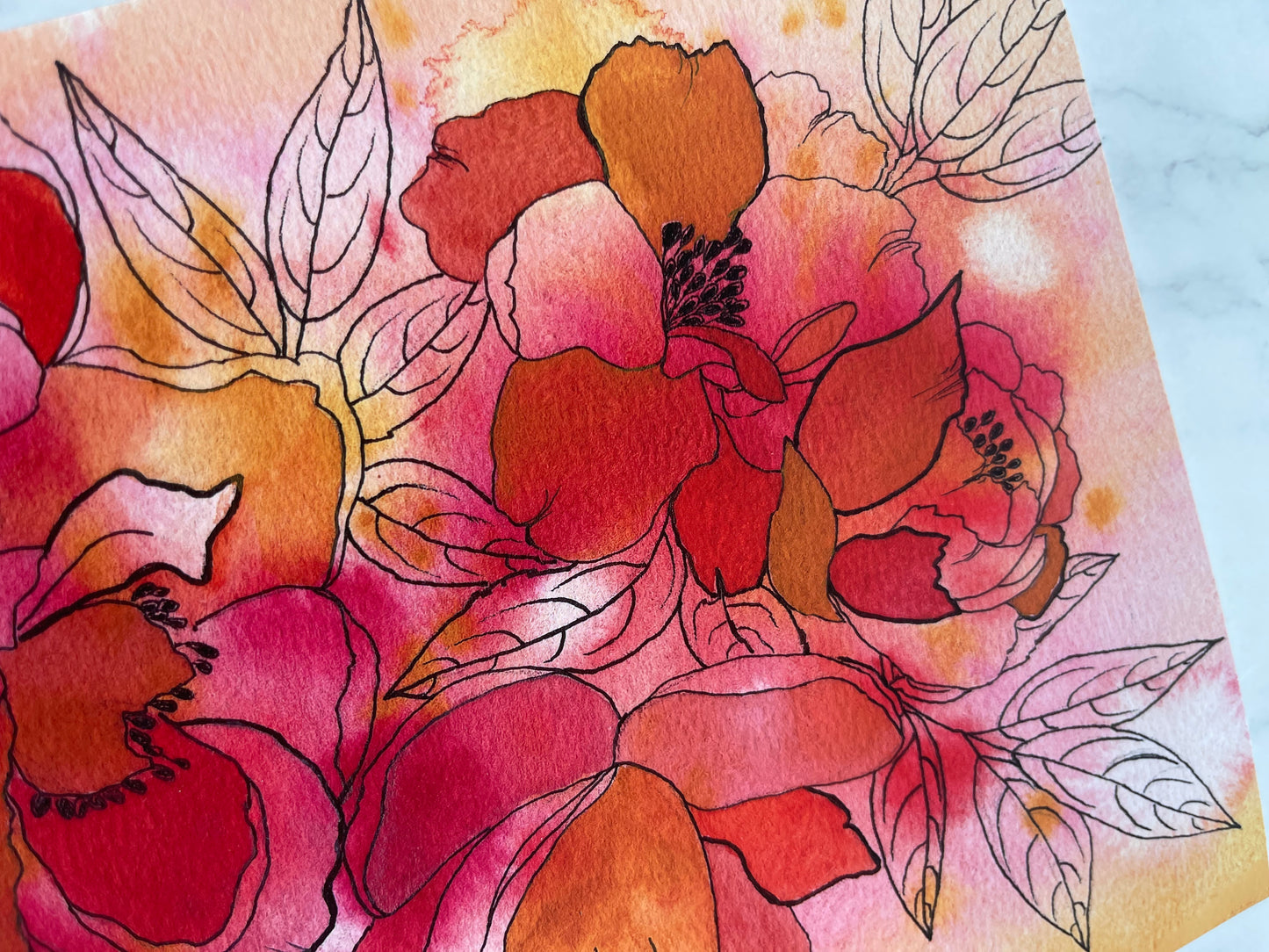 Mixed Media Watercolor & Ink Peonies Fine Art Print