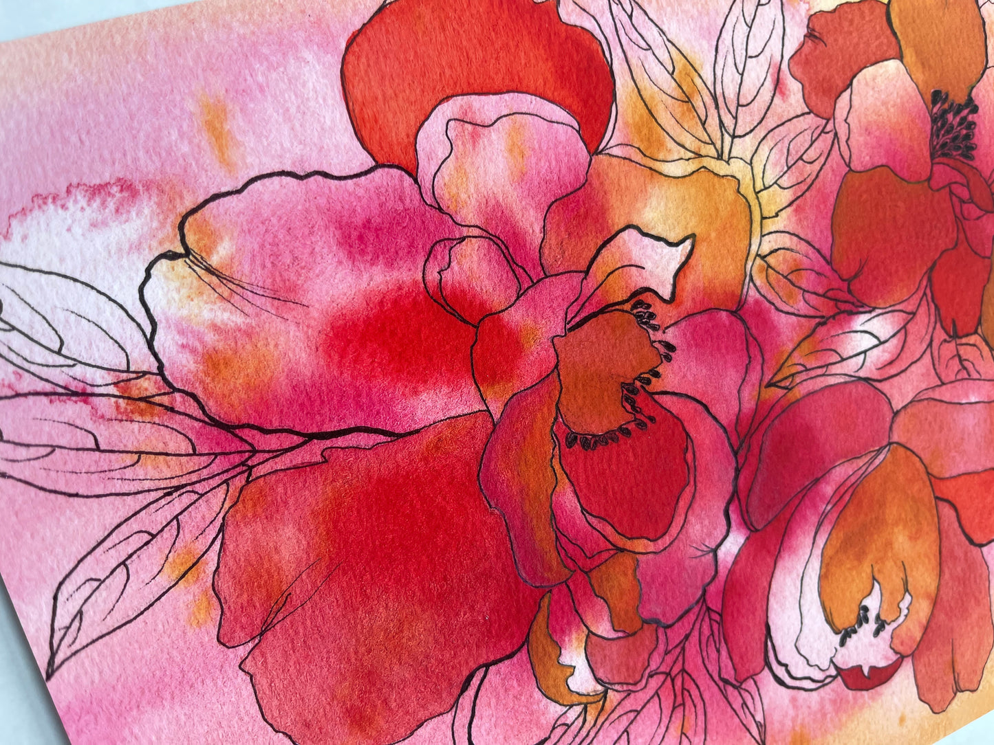 Mixed Media Watercolor & Ink Peonies Fine Art Print