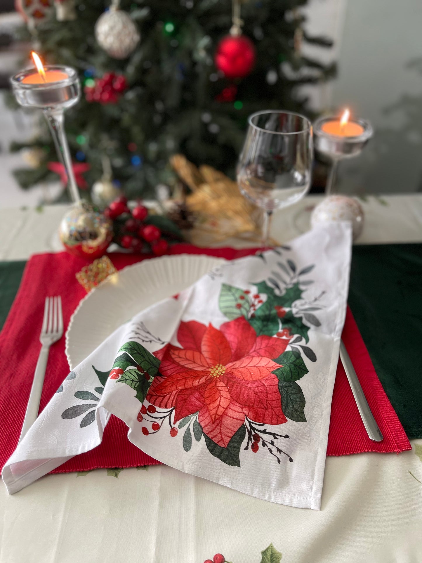 Festive Poinsettia Print Christmas Napkins