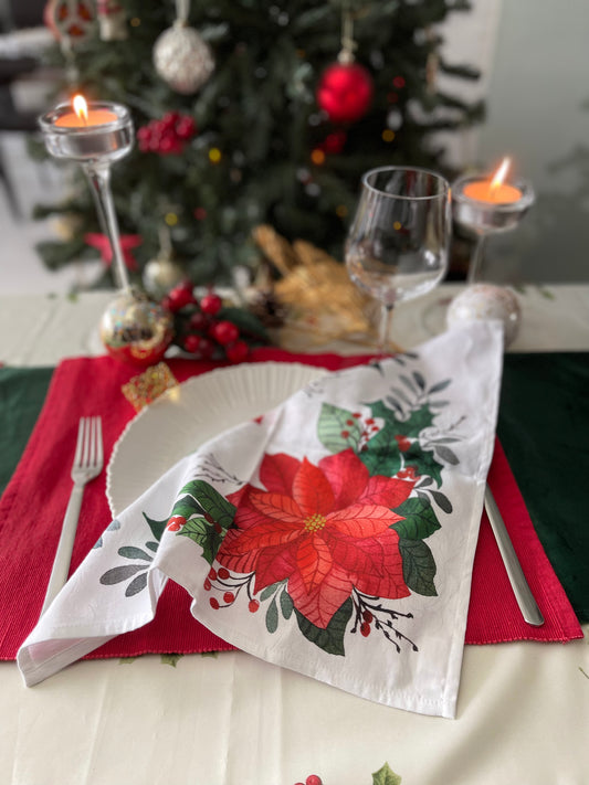 Festive Poinsettia Print Christmas Napkins