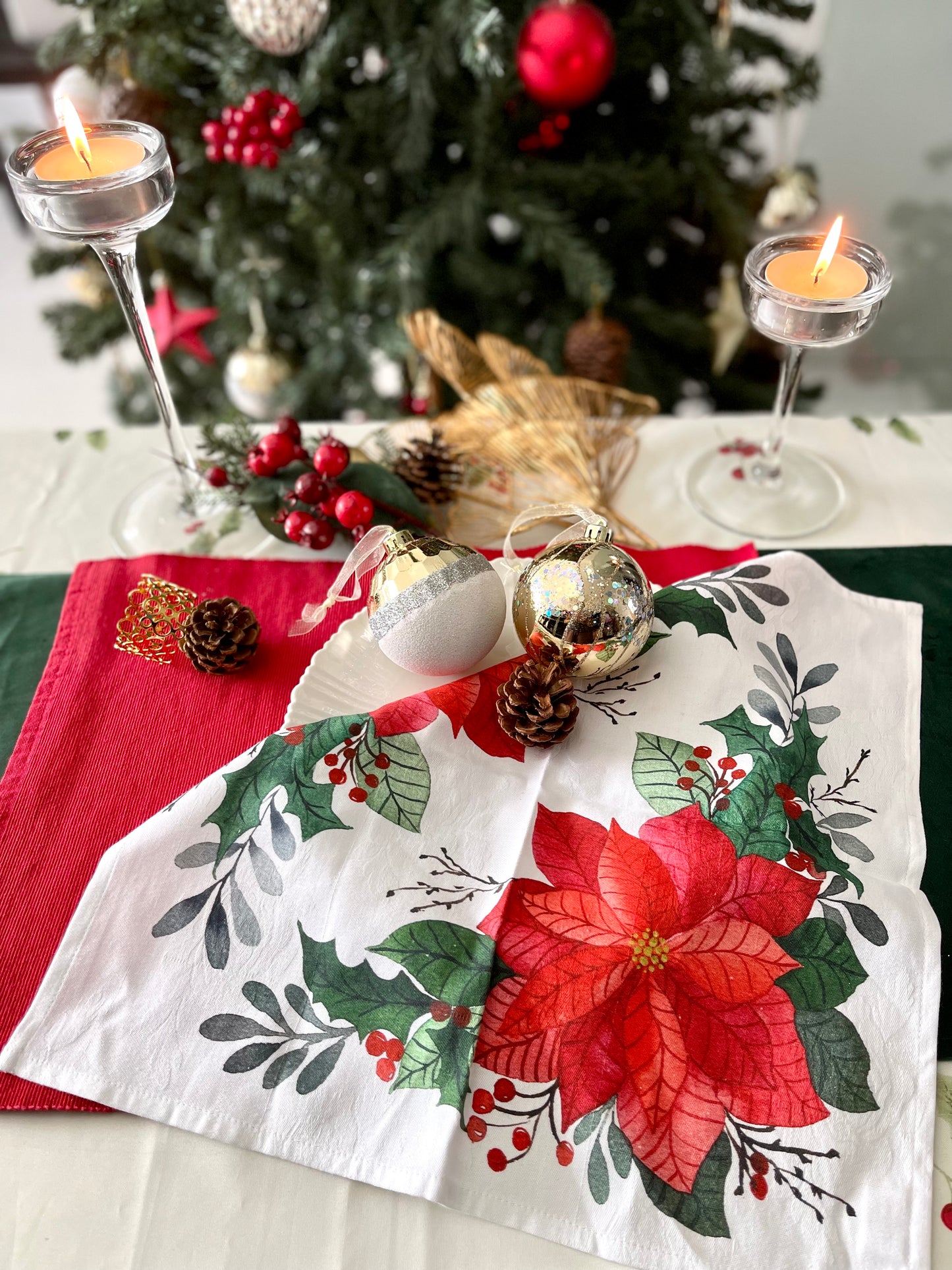 Festive Poinsettia Print Christmas Napkins