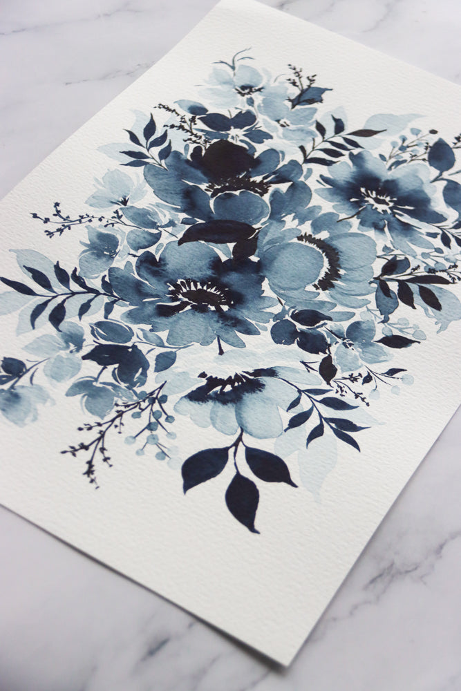 Indigo Monochrome Watercolor Fine Art Print