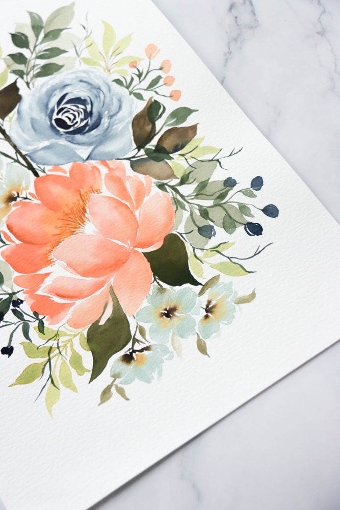 Peach Peony & Indigo Floral Arrangement Watercolor Fine Art Print