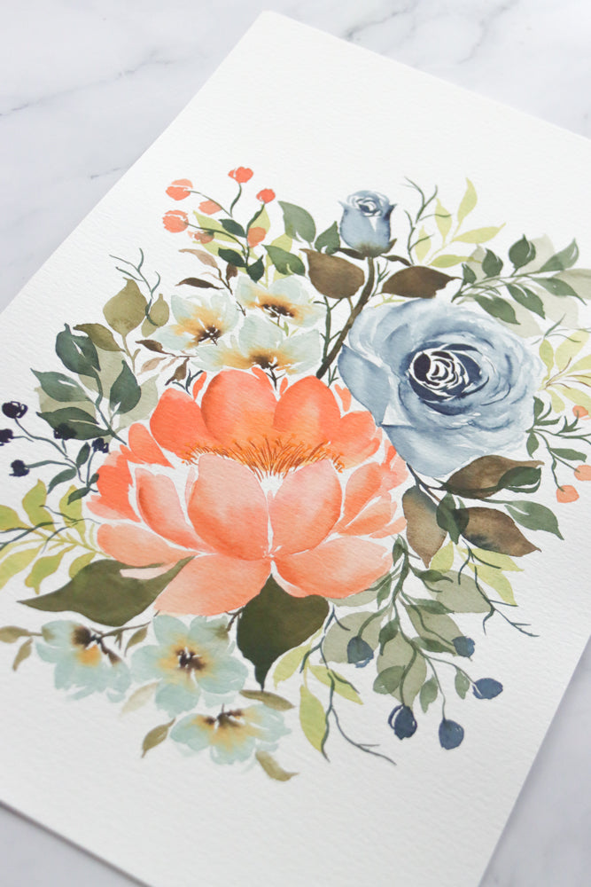 Peach Peony & Indigo Floral Arrangement Watercolor Fine Art Print