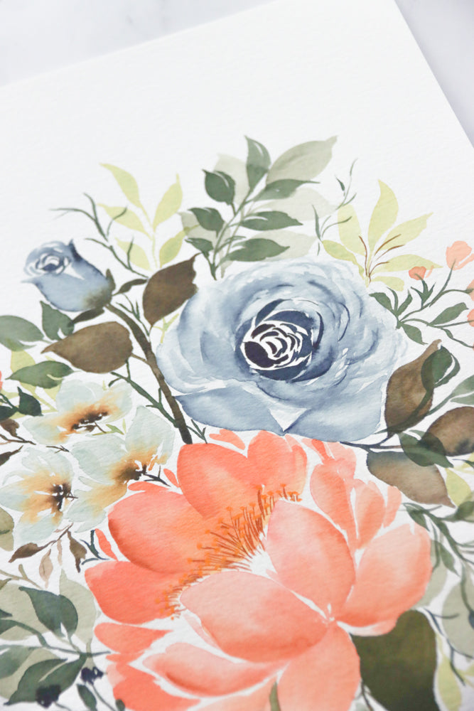 Peach Peony & Indigo Floral Arrangement Watercolor Fine Art Print