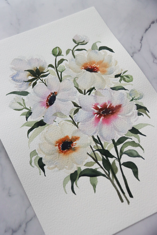 White Florals Watercolor Fine Art Print