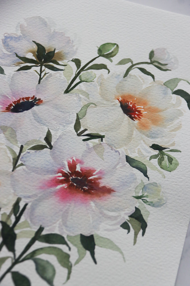 White Florals Watercolor Fine Art Print