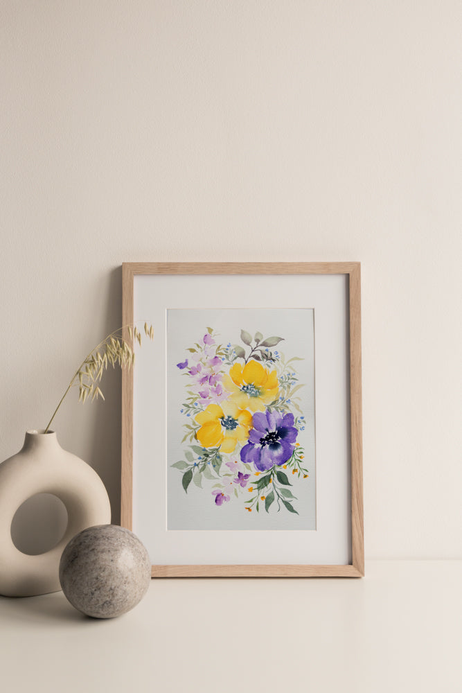 Yellow and Purple Floral Arrangement Watercolor Fine Art Print