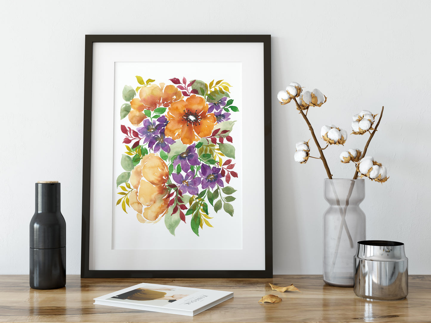 Ochre Yellow Peonies with Purple filler flowers Watercolor Fine Art Print