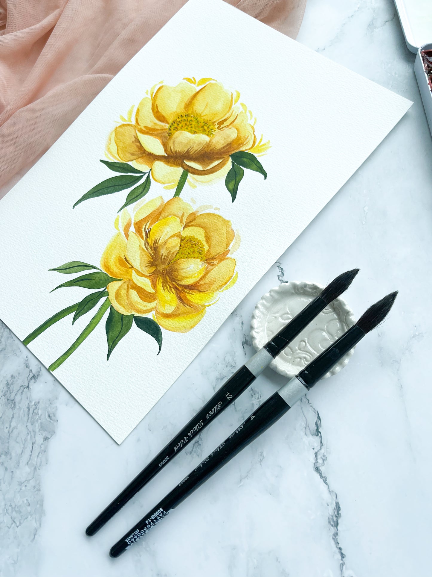 Yellow Peonies Watercolor Fine Art Print