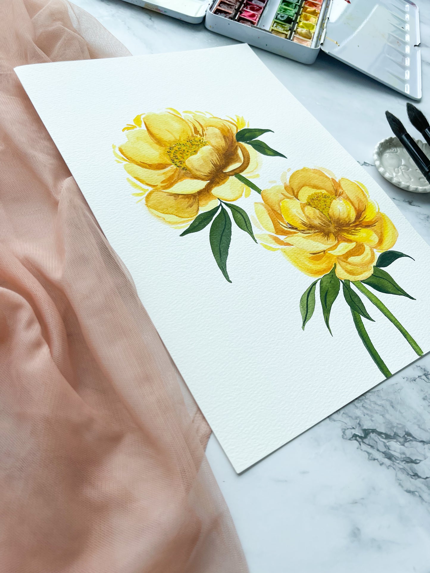 Yellow Peonies Watercolor Fine Art Print