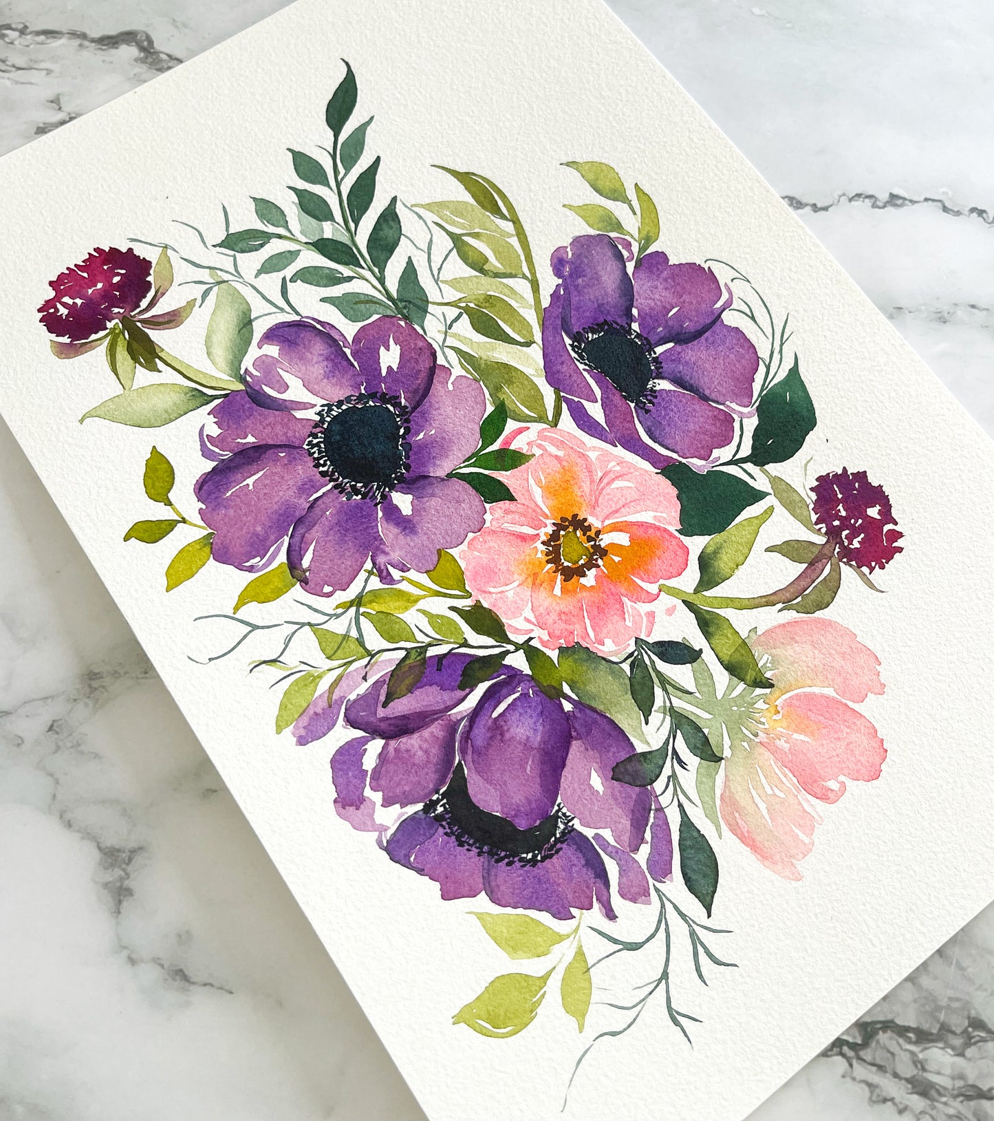 Purple Anemones Floral Arrangement Watercolor Fine Art Print