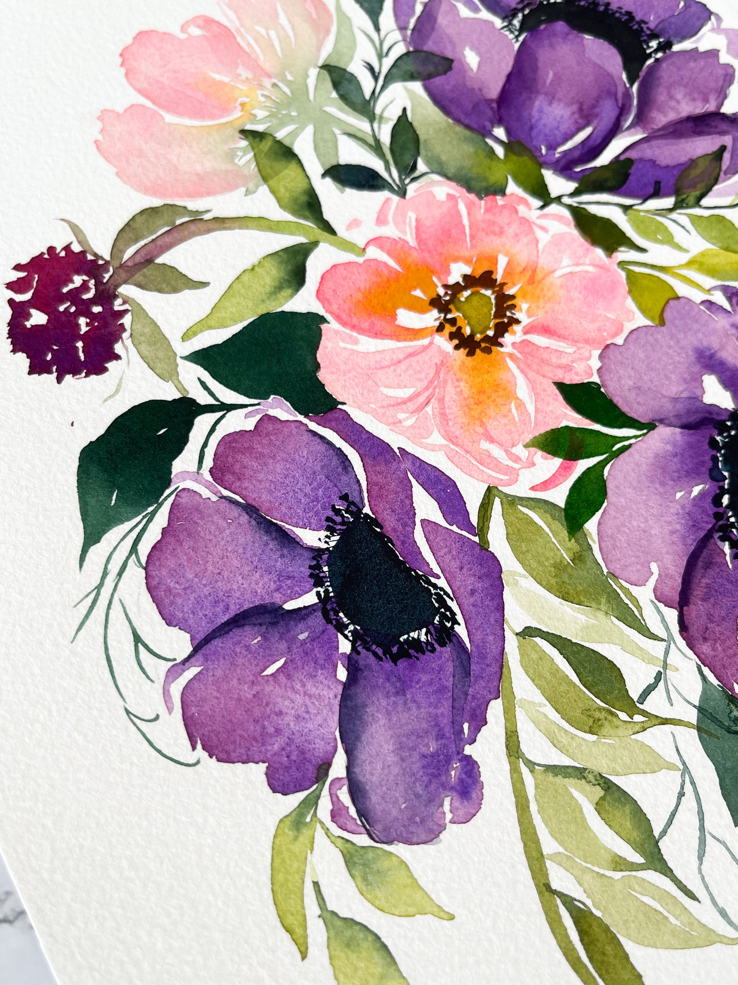 Purple Anemones Floral Arrangement Watercolor Fine Art Print