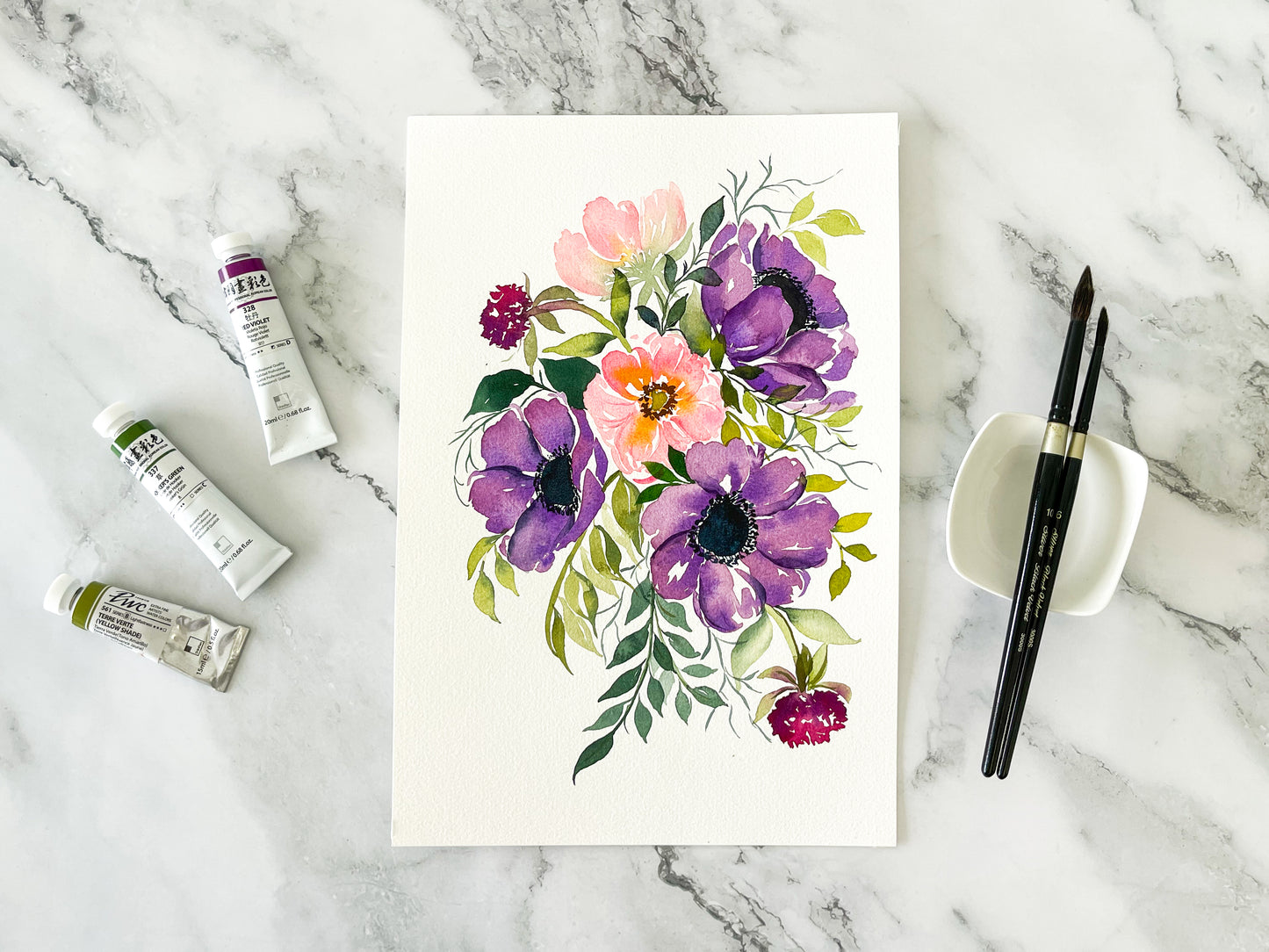 Purple Anemones Floral Arrangement Watercolor Fine Art Print