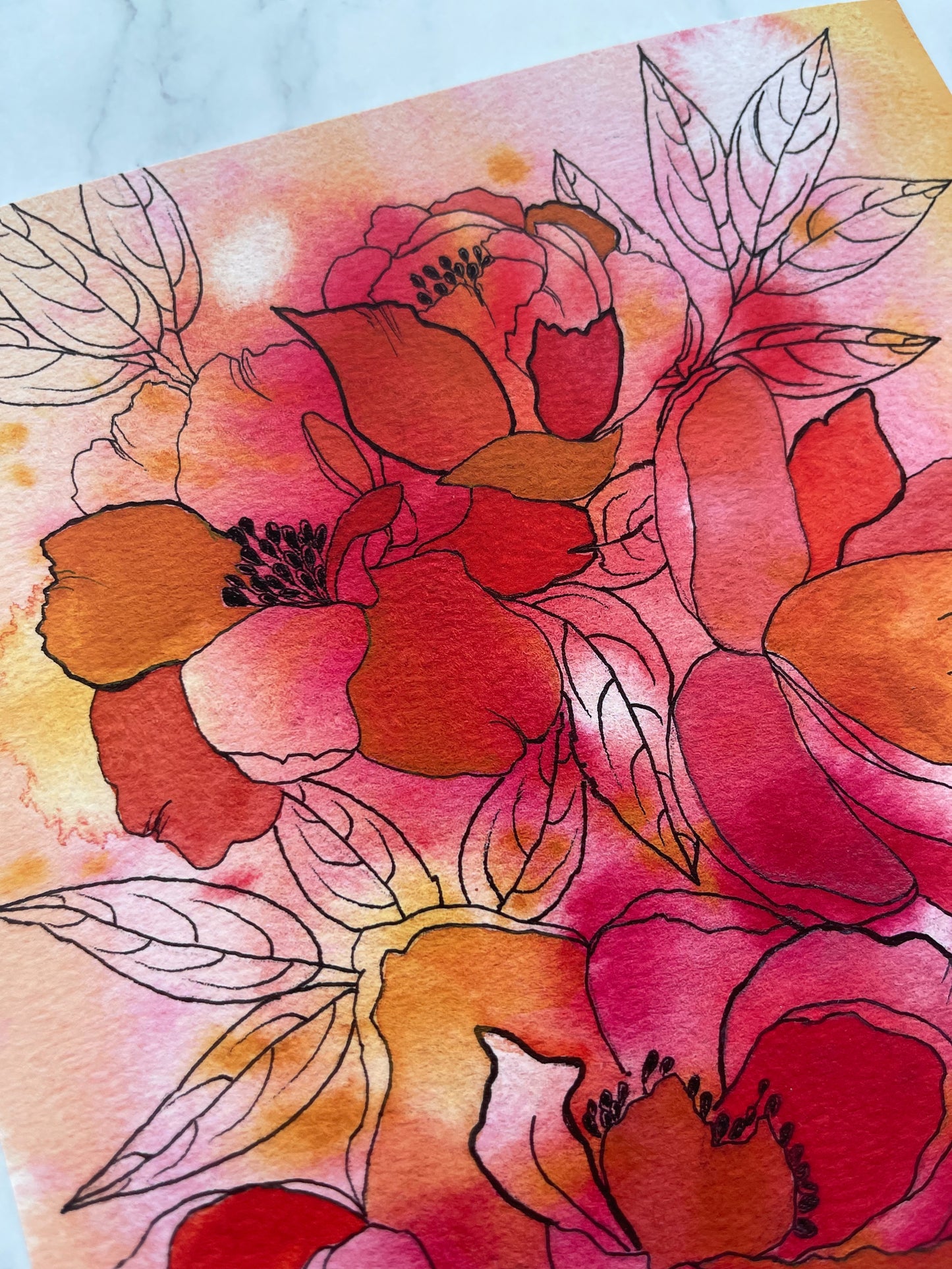 Mixed Media Watercolor & Ink Peonies Fine Art Print