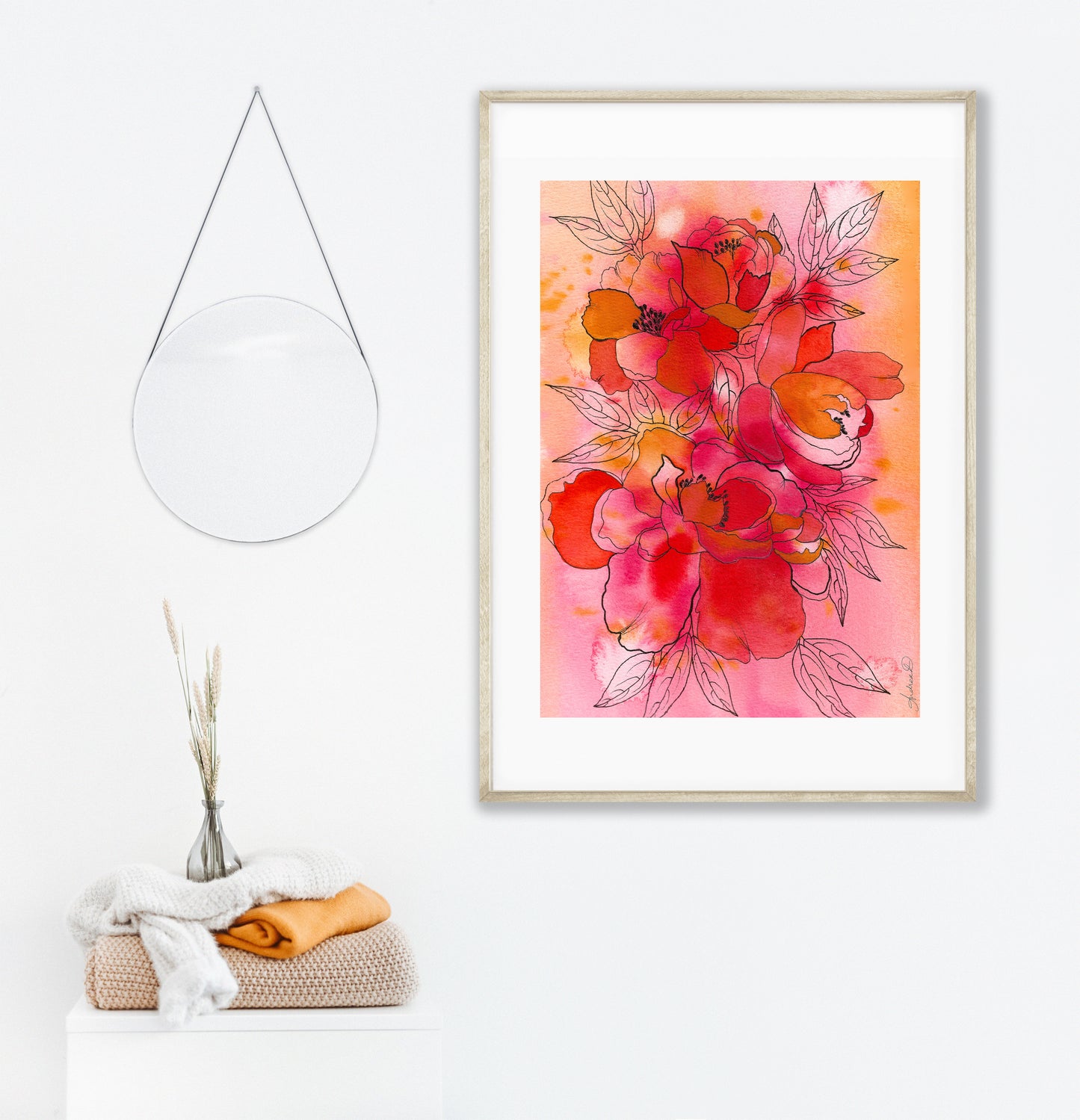 Mixed Media Watercolor & Ink Peonies Fine Art Print