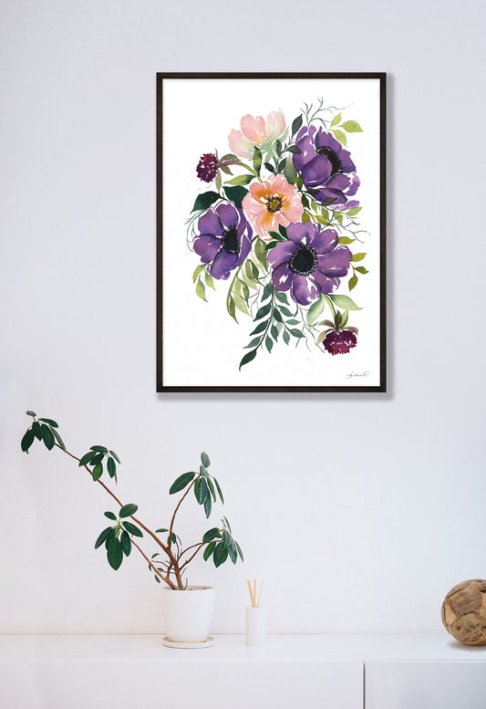 Purple Anemones Floral Arrangement Watercolor Fine Art Print