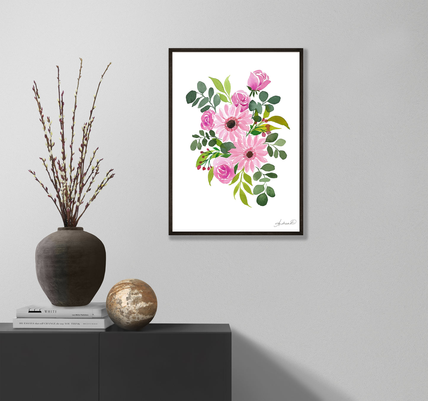 Pink Gerbera Daisies Floral Arrangement Watercolor Fine Art Print