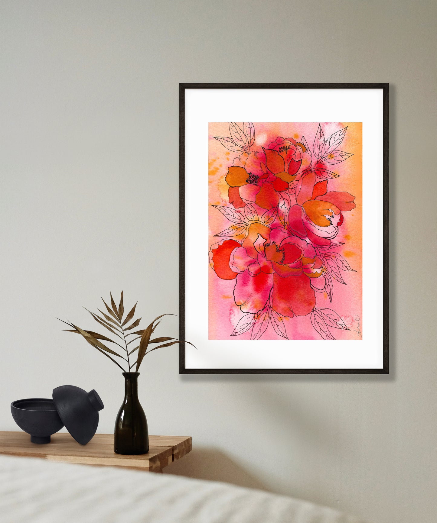 Mixed Media Watercolor & Ink Peonies Fine Art Print