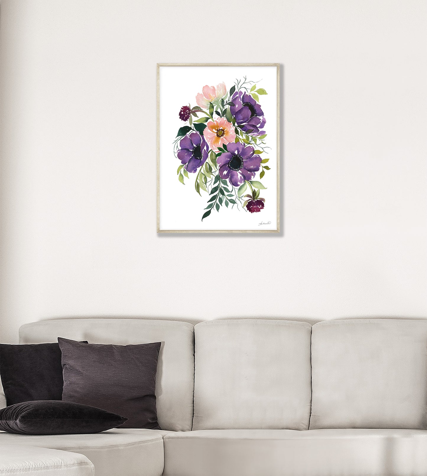 Purple Anemones Floral Arrangement Watercolor Fine Art Print