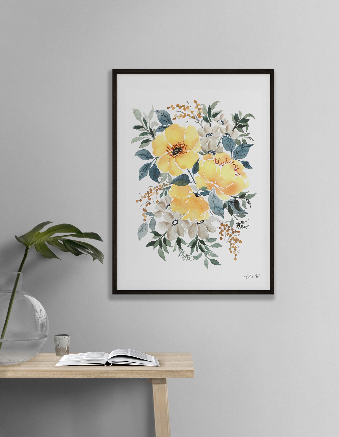 Yellow Peonies & Grey Florals Watercolor Fine Art Print