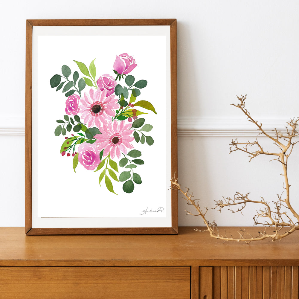 Pink Gerbera Daisies Floral Arrangement Watercolor Fine Art Print