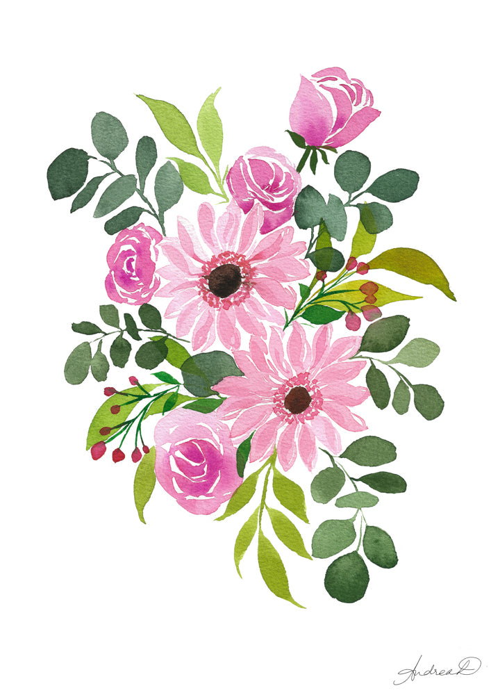 Pink Gerbera Daisies Floral Arrangement Watercolor Fine Art Print